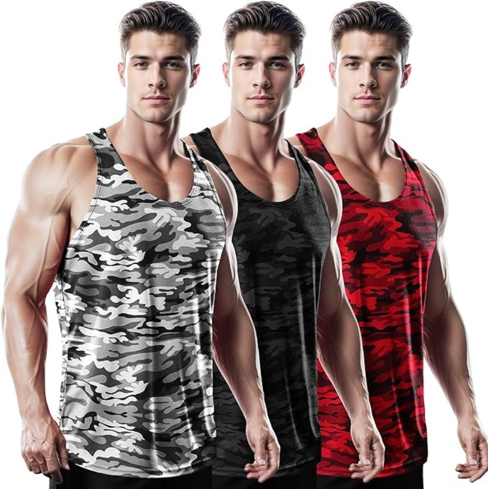 #Cool Mesh Dry Fit Y-Back Tank Tops 3Pack (CamoBlack+CamoGray+CamoRed) - DRSKINSPORTS