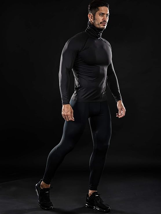 2pcs Men's Stylish Solid Compression Shirt, Active Breathable Turtle Neck  Top For Hiking Jogging Cycling Outdoor Fitness Workout